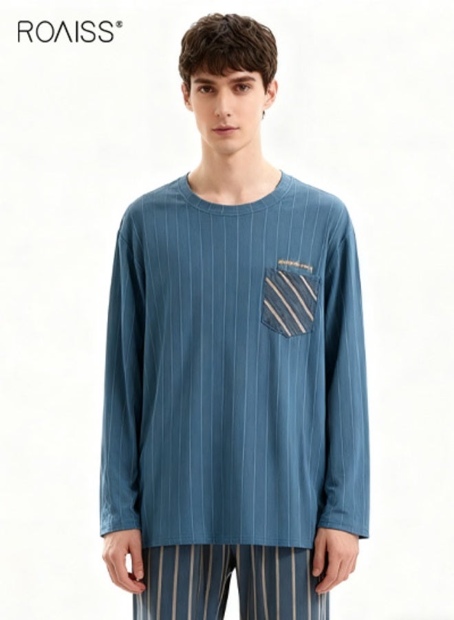 رويس طقم بيجامة رجالي مخطط طويل من القطن برقبة دائرية طقم بيجامات رجالي صيفي بخصر مطاطي ملابس نوم مريحة ملابس نوم علوية مخططة وسروال طويل ملابس نوم للرجال مع جيب - Image 4