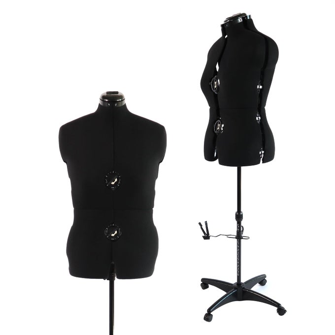 BLACK DRESS FORM ADJUSTABLE MANNEQUIN FOR SEWING FEMALE SIZE 1218 PINNABLE BODY FORM WITH 13 DIALS DETACHABLE CASTERS 42560 HEIGHT RANGE FOR CLOTHING DISPLAY MEDIUM TO LARGE