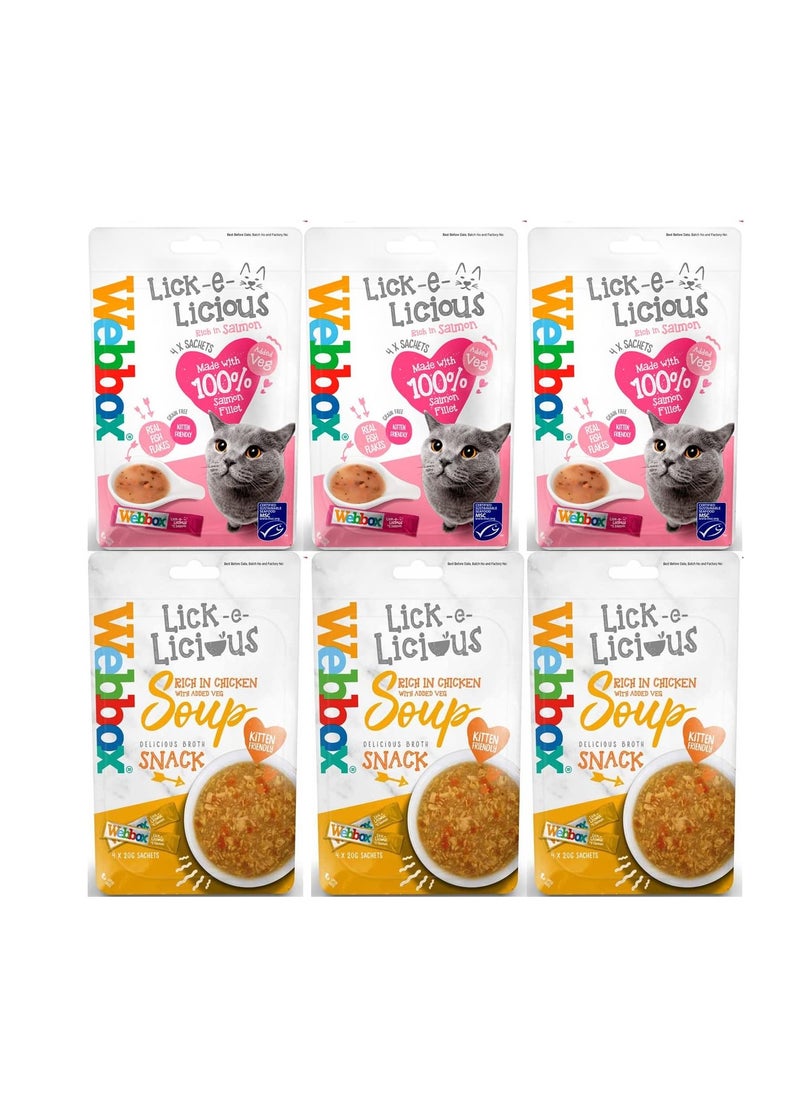 Webbox Lick e Licious Chicken and Salmon Cat Soup Treat  Pack of 6 24 x 20g Sachets Howsehold Bag  - Image 1