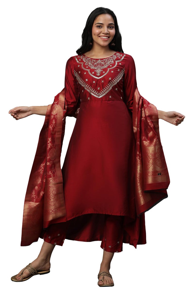 Aurelia Women's Red Zari Embroidered Kurta, Pants and Jacquard Dupatta_23AUD14224-704233_XL - Image 1