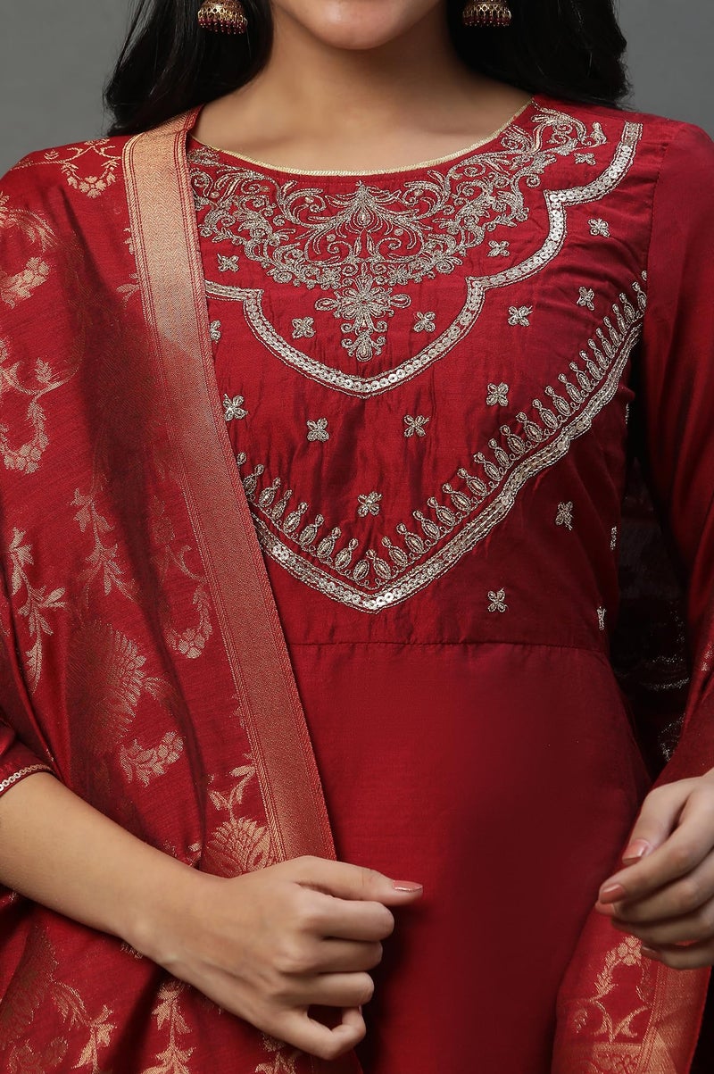 Aurelia Women's Red Zari Embroidered Kurta, Pants and Jacquard Dupatta_23AUD14224-704233_XL - Image 3