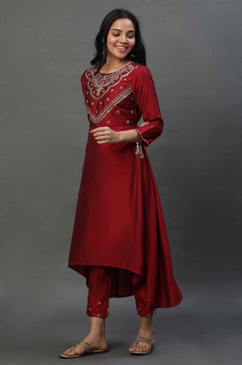 Aurelia Women's Red Zari Embroidered Kurta, Pants and Jacquard Dupatta_23AUD14224-704233_XL - Image 2
