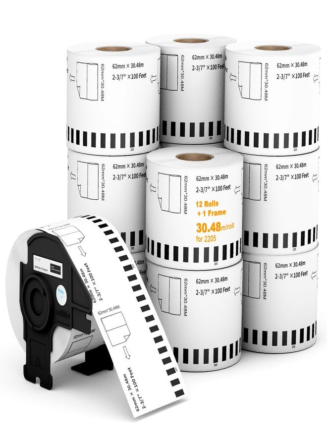 Labelebal (12 Rolls + 1 Frame,30.48m Per Roll 3-Proof) Labelebal Dk 2-3/7" x 100' Direct Thermal Continuous Length Labels Replacement for DK-2205 Shipping Mailing Postage Compatible for Brother QL Printer - Image 1