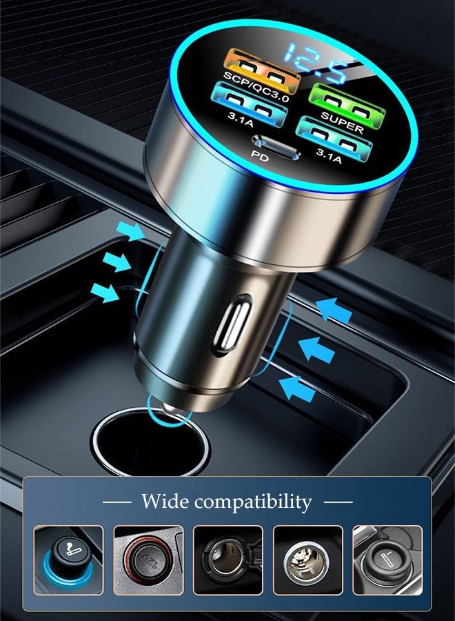DUNISO 66W Car Charger Adapter Multiple Port Metal Car USB Charger with Voltmeter 4 USB Socket and USB-C Port Car Phone Charger Cigarette Lighter USB Charger 5 in 1 Fast Charge Car Charger Compatible with Most Phone Models - Image 2