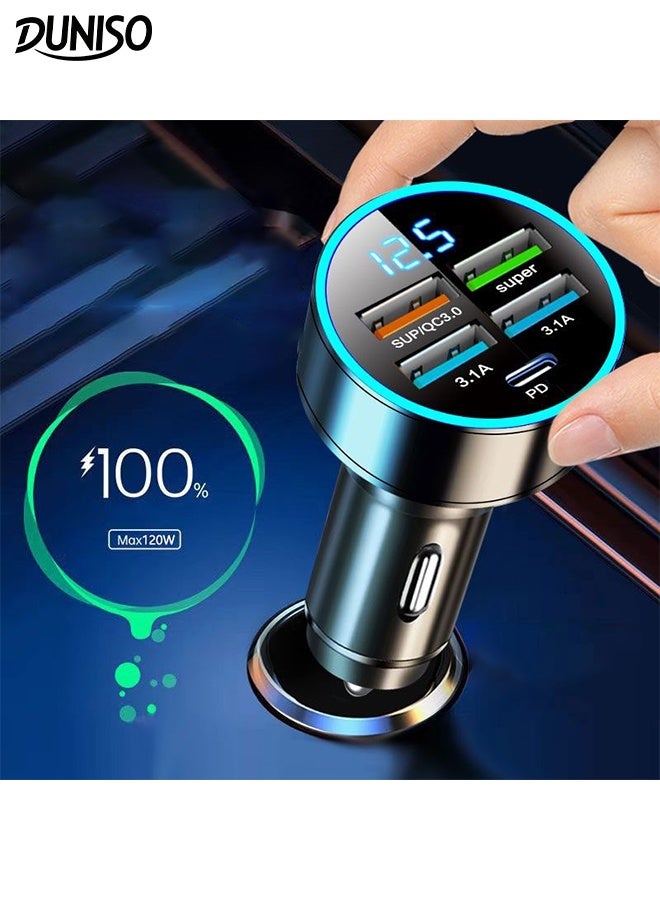 DUNISO 66W Car Charger Adapter Multiple Port Metal Car USB Charger with Voltmeter 4 USB Socket and USB-C Port Car Phone Charger Cigarette Lighter USB Charger 5 in 1 Fast Charge Car Charger Compatible with Most Phone Models - Image 1
