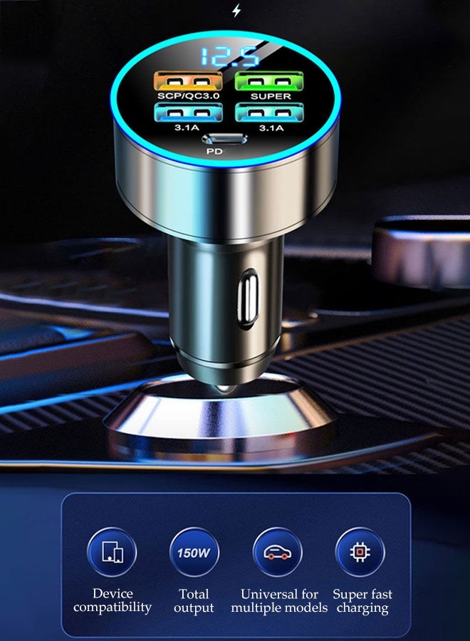 DUNISO 66W Car Charger Adapter Multiple Port Metal Car USB Charger with Voltmeter 4 USB Socket and USB-C Port Car Phone Charger Cigarette Lighter USB Charger 5 in 1 Fast Charge Car Charger Compatible with Most Phone Models - Image 5