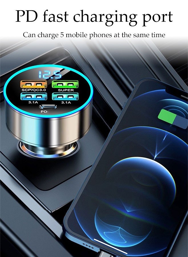 DUNISO 66W Car Charger Adapter Multiple Port Metal Car USB Charger with Voltmeter 4 USB Socket and USB-C Port Car Phone Charger Cigarette Lighter USB Charger 5 in 1 Fast Charge Car Charger Compatible with Most Phone Models - Image 3