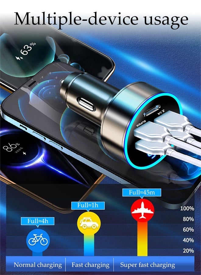 DUNISO 66W Car Charger Adapter Multiple Port Metal Car USB Charger with Voltmeter 4 USB Socket and USB-C Port Car Phone Charger Cigarette Lighter USB Charger 5 in 1 Fast Charge Car Charger Compatible with Most Phone Models - Image 4