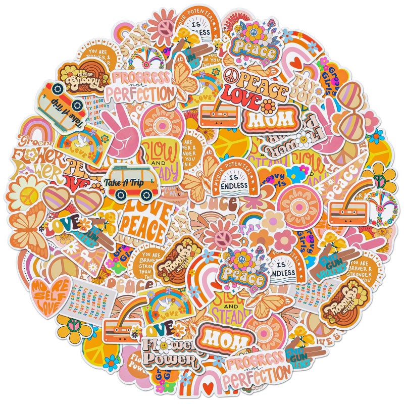 100 Pcs Groovy Boho Hippie Stickers Boho Rainbow Daisy Flower Stickers Waterproof Vinyl Stickers for Water Bottle Srapbook Laptop Phone Case Teens Girls Adults Hippie Decor Present