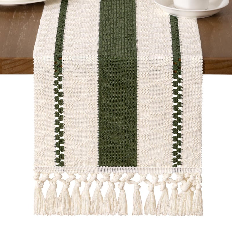 MLMW Boho Table Runner 36 inches Olive Green&Ivory Small Coffee Table Runner Rustic Macrame Woven Table Runners Short Dresser Runners for Bedroom Living Room Home Decor - Image 1