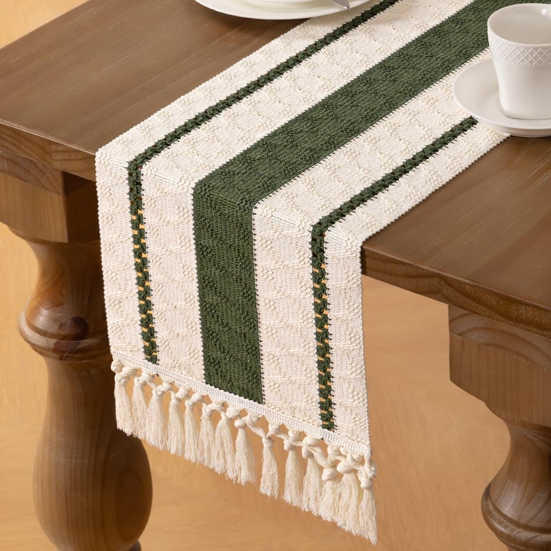 MLMW Boho Table Runner 36 inches Olive Green&Ivory Small Coffee Table Runner Rustic Macrame Woven Table Runners Short Dresser Runners for Bedroom Living Room Home Decor - Image 3
