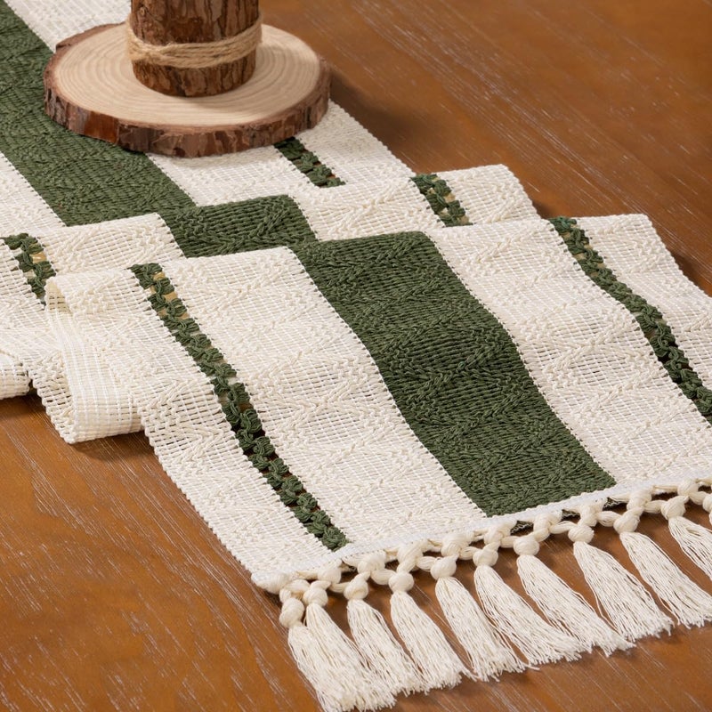 MLMW Boho Table Runner 36 inches Olive Green&Ivory Small Coffee Table Runner Rustic Macrame Woven Table Runners Short Dresser Runners for Bedroom Living Room Home Decor - Image 4
