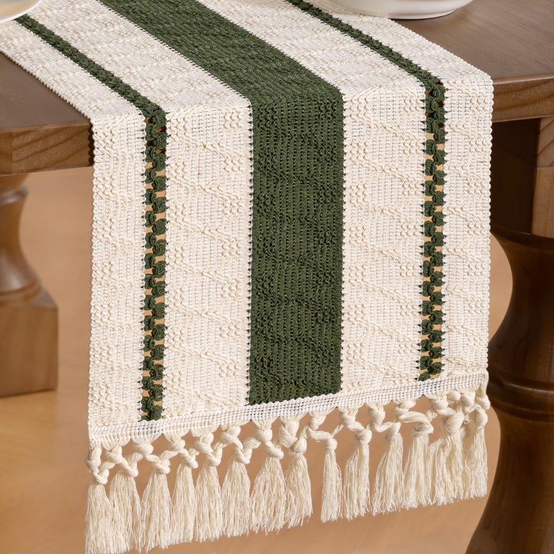 MLMW Boho Table Runner 36 inches Olive Green&Ivory Small Coffee Table Runner Rustic Macrame Woven Table Runners Short Dresser Runners for Bedroom Living Room Home Decor - Image 2