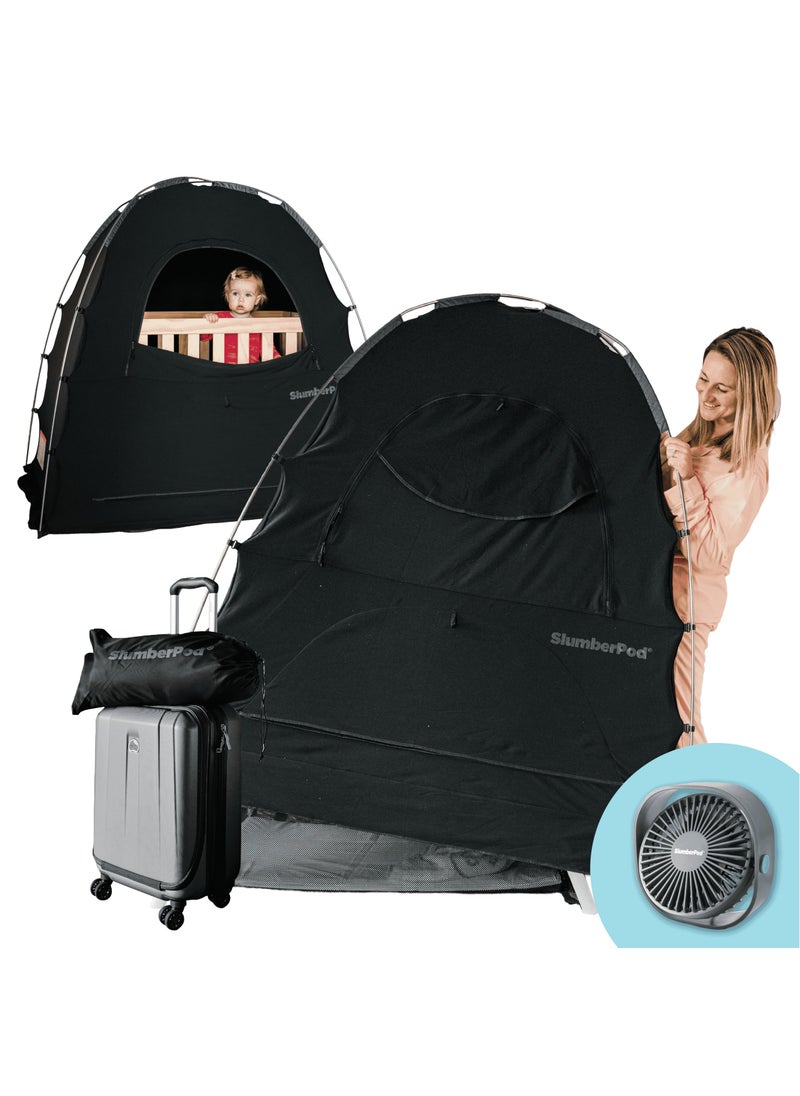 SlumberPod SlumberPod with Fan The Original Blackout Sleep Tent Travel Essential for Baby and Toddlers Mini Crib and Pack n Play Cover Sleep Pod with Monitor Pouch and Fan Pouch Blocks 95 Light Black 