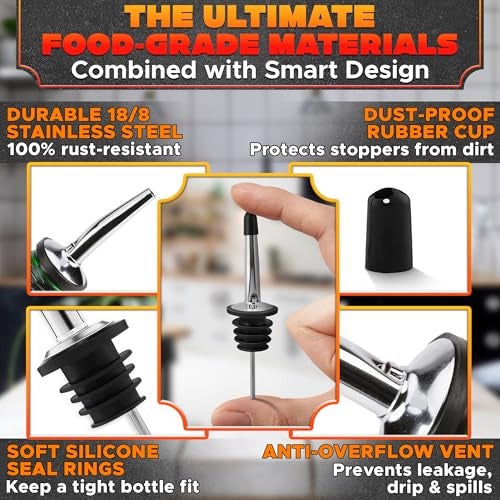 DIMROM 12Pcs Pour Spouts for Liquor Bottles - Leak-Resistant Stainless Steel Liquor Bottle Pourers for Bartending with Silicone Rubber for Tight Seal - Easy to Install Bottle Pourers for Alcohol & Olive Oil - Image 3