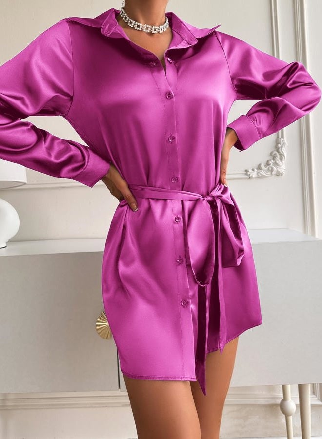 zeagoo Women's Satin Shirt Dresses Button Down Long Sleeve Short Dress Tie Waist Mini Party Dress, 01-hot Pink, XL - Image 4
