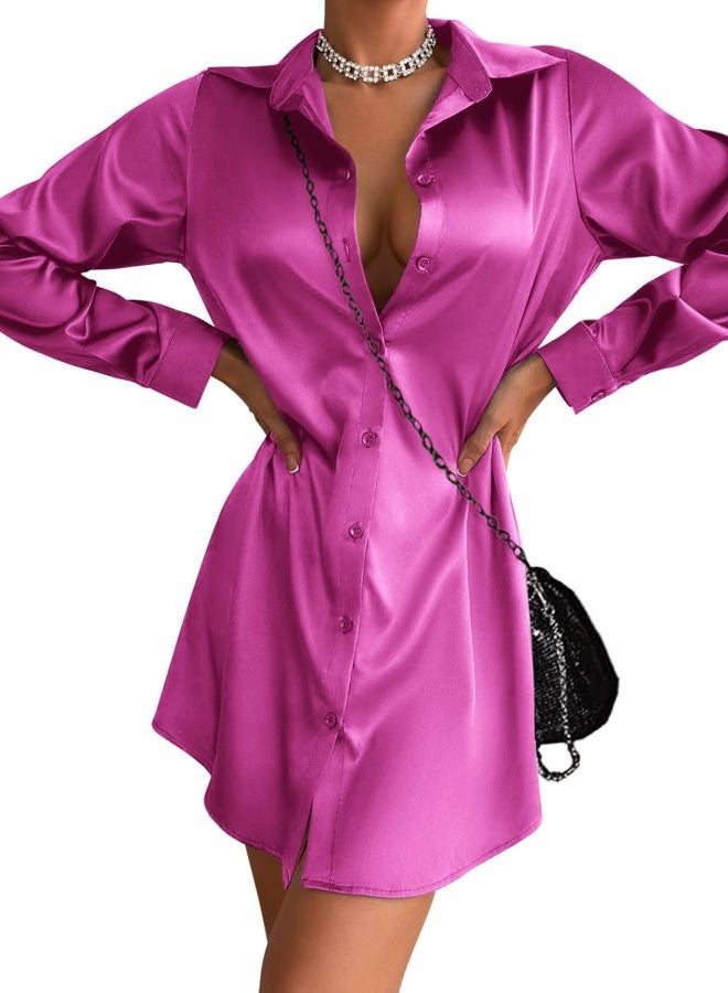 zeagoo Women's Satin Shirt Dresses Button Down Long Sleeve Short Dress Tie Waist Mini Party Dress, 01-hot Pink, XL - Image 1