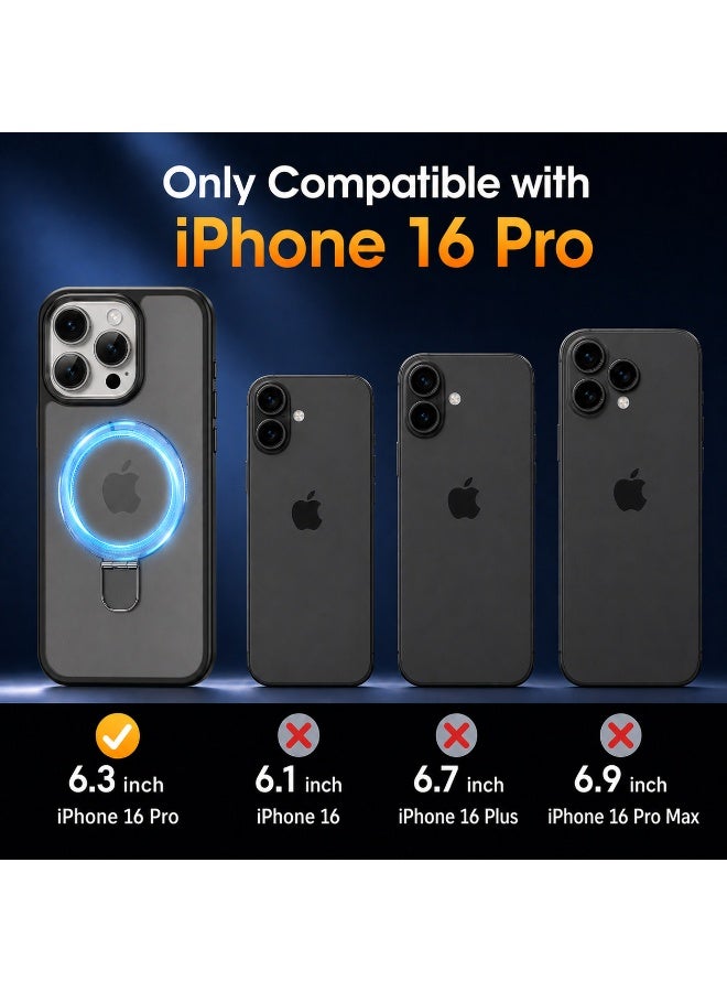 حافظة مغناطيسية بحامل حلقي لهاتف iPhone 16 Pro مقاس 6.3 بوصة، غطاء مقاوم للصدمات شبه شفاف بلمسة مطفية مع 3 واقيات لعدسات الكاميرا، أسود - Image 2
