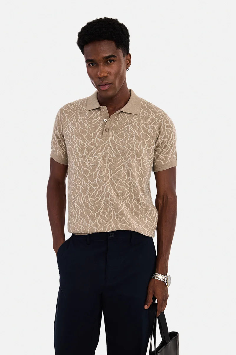 SNITCH Beige Abstract Half Sleeve Regular Fit Casual T-Shirt