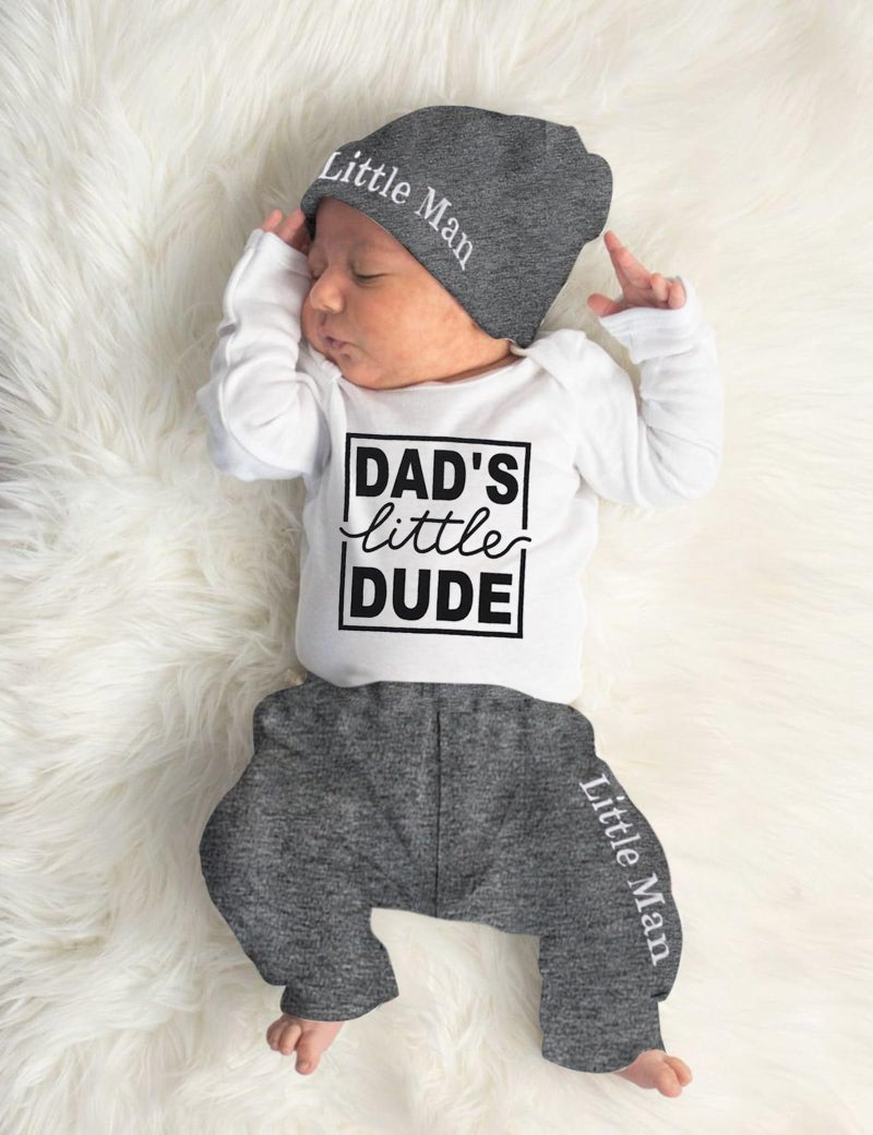 Fommy Baby Boy Clothes 0-3 Months Infant Outfit Daddys little Dude Cotton Romper Soft Pant Little Man Hat Cute Fall aby Clothing - Image 3