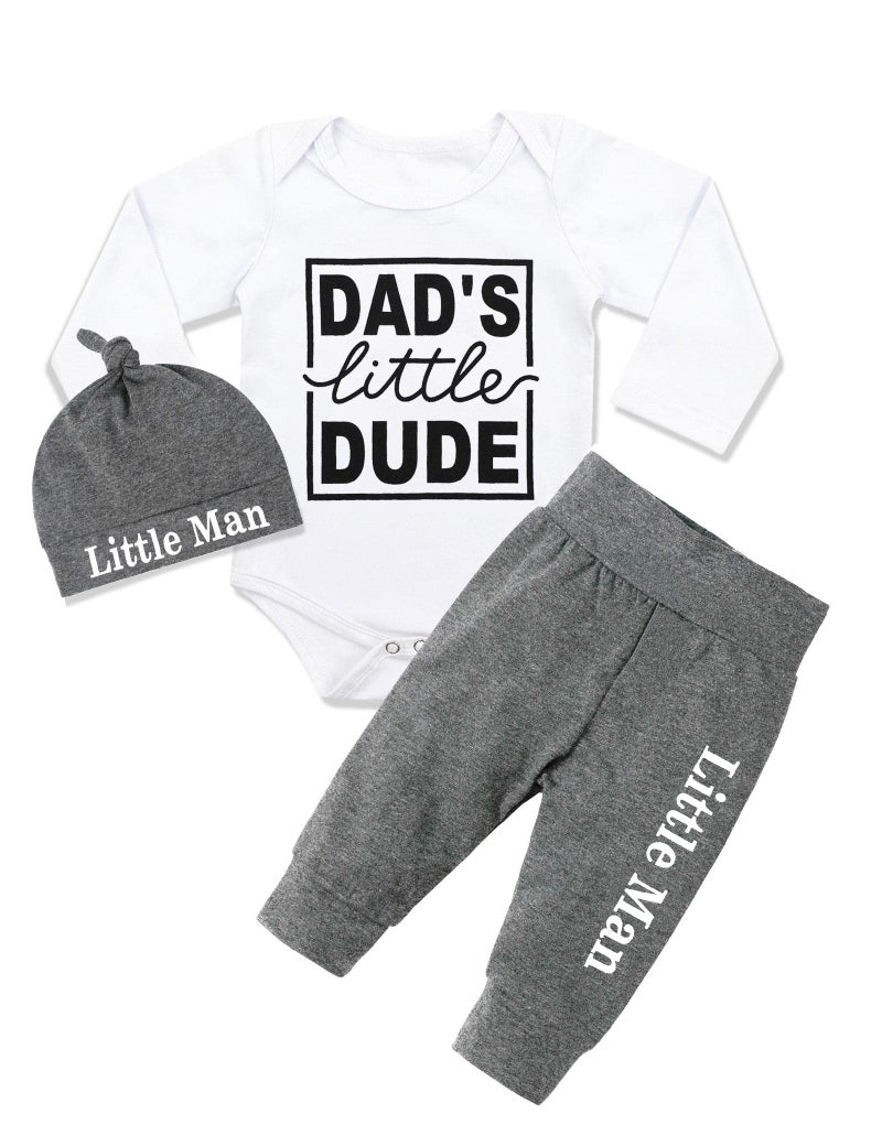 Fommy Baby Boy Clothes 0-3 Months Infant Outfit Daddys little Dude Cotton Romper Soft Pant Little Man Hat Cute Fall aby Clothing - Image 1