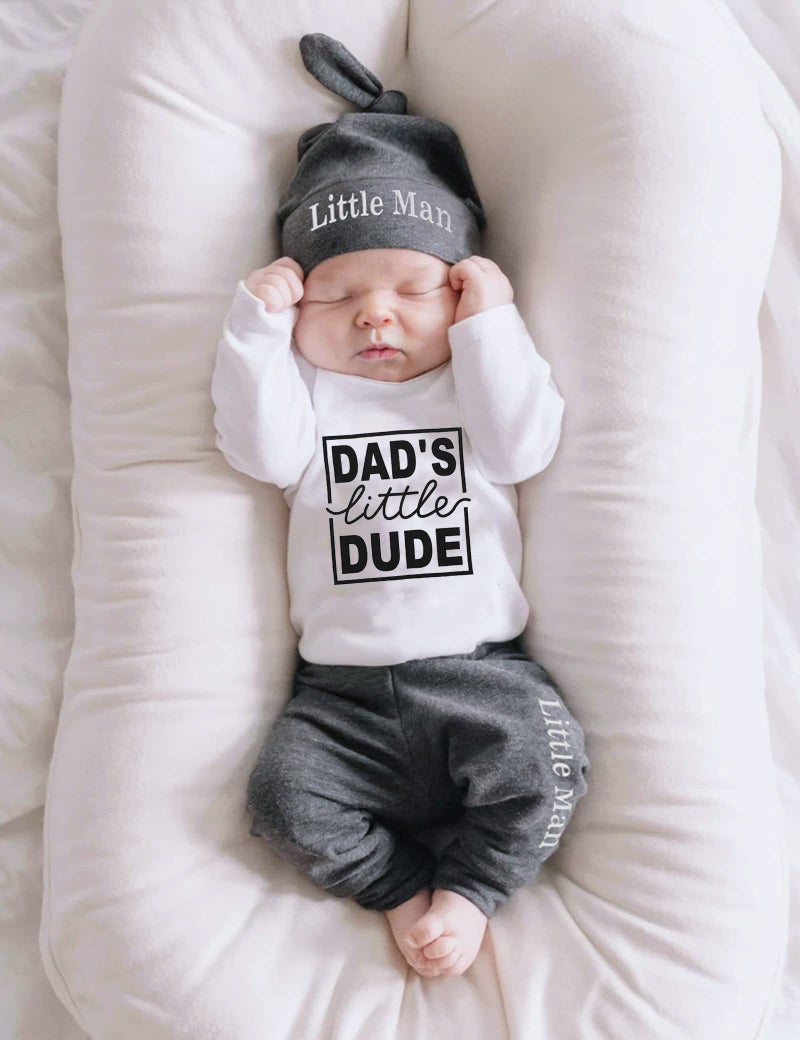 Fommy Baby Boy Clothes 0-3 Months Infant Outfit Daddys little Dude Cotton Romper Soft Pant Little Man Hat Cute Fall aby Clothing - Image 2