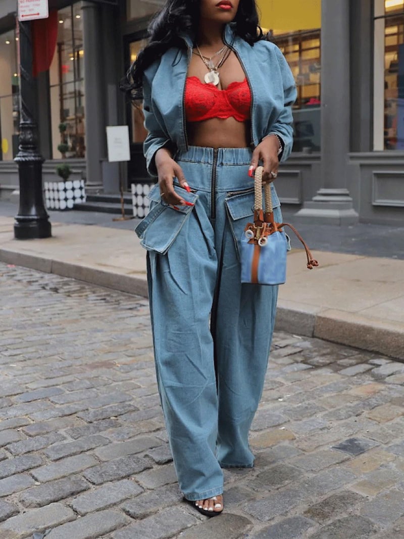 KANSOON Denim Outfits for Women 2 Piece Sets Jean Loose Casual Drawstring Zipper Crop Pullover Wide Leg Pant Sweat Suits Blue XXL - Image 4