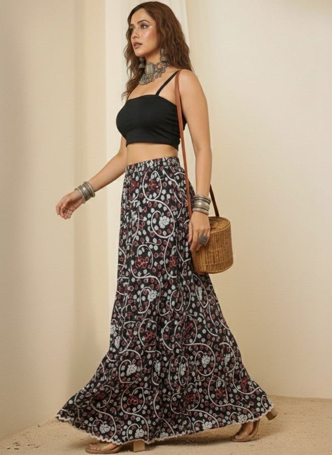 WineRed Wine Red Women Pure Cotton Floral Maxi Flared Skirt - Image 2