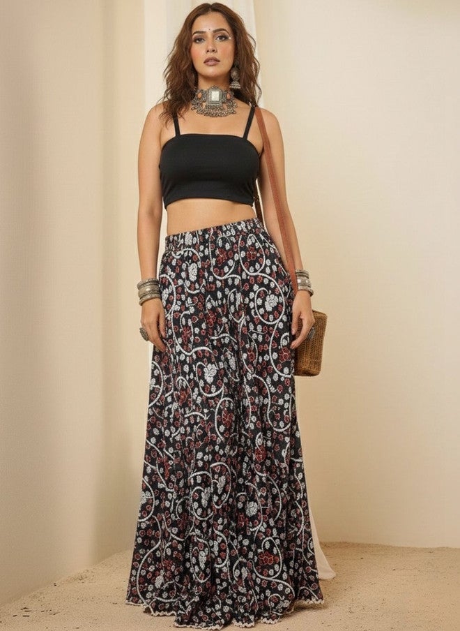 WineRed Wine Red Women Pure Cotton Floral Maxi Flared Skirt - Image 1
