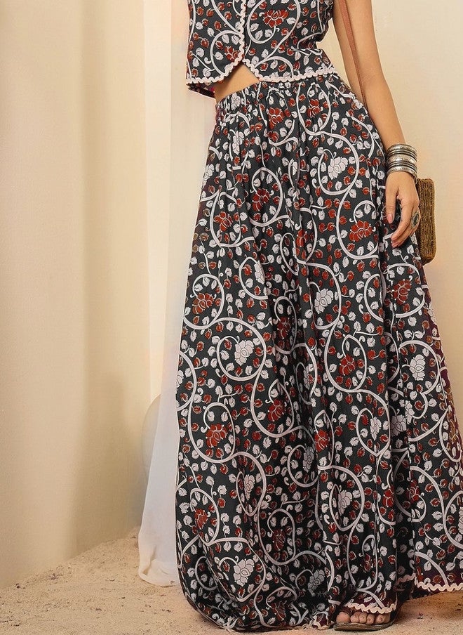 WineRed Wine Red Women Pure Cotton Floral Maxi Flared Skirt - Image 5