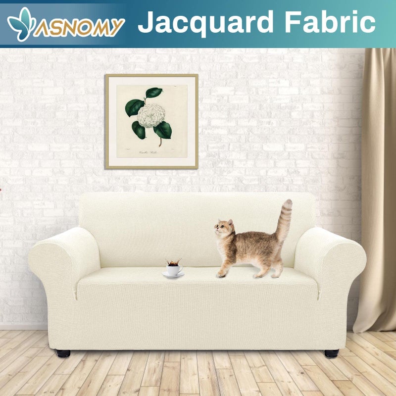 Asnomy Sofa Covers for 2 Cushion Couch Stretch loveseat Covers Slipcovers, Pet Protector Furniture Covers for Dogs Cats Spandex Jacquard Fabric Small Checks ï¼ˆMediumï¼ŒOff-Whiteï¼‰ - Image 2