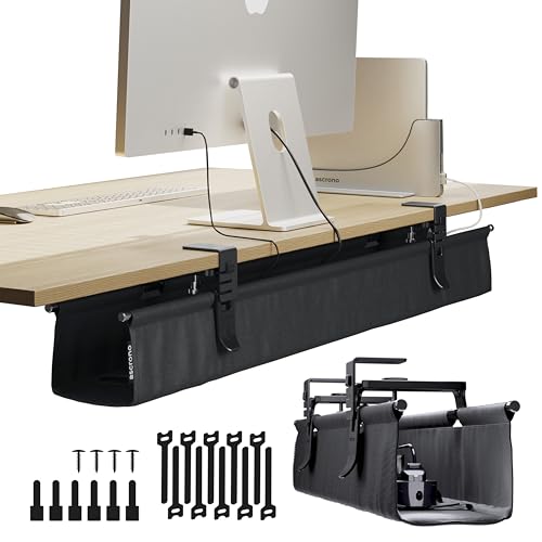 Ascrono Original No Drill Under Desk Cable Management Tray 406 Premium Black Fabric Cable Management Under Desk ClampScrew Mount Cord Organizer Supports Upto 66lbs Large - Image 1