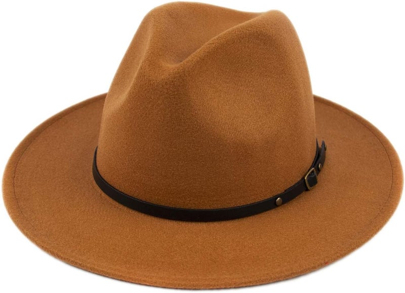 Lanzom Womens Classic Wide Brim Floppy Panama Hat Belt Buckle Wool Fedora Hat - Image 1