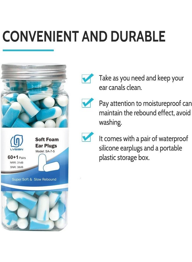 SIXPLUS سدادات أذن SIXPLUS لإلغاء الضوضاء للنوم - 60 زوج، سدادات أذن 38 ديسيبل للنوم، الشخير، إطلاق النار، تقليل الصوت العالي عند جز العشب - أزرق فاتح وأبيض - Image 4