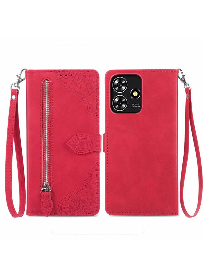 Green Tiger For ZTE Blade A73 4G Embossed Flower Zipper Leather Phone Case(Red)