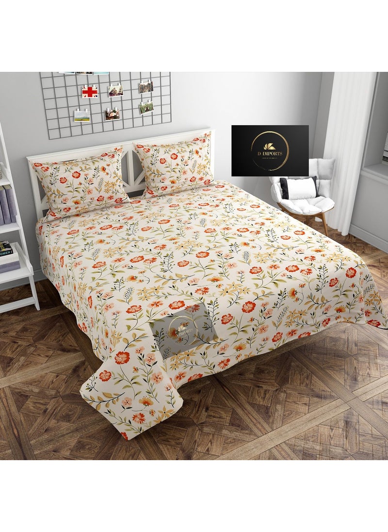 D IMPORTS D IMPORTS Presents Flat bedheets in Super Soft Summer Love Glace Cotton Fabrics and Beautiful Prints for Super Queen Size beds 90 100 Cream Flower  - Image 1