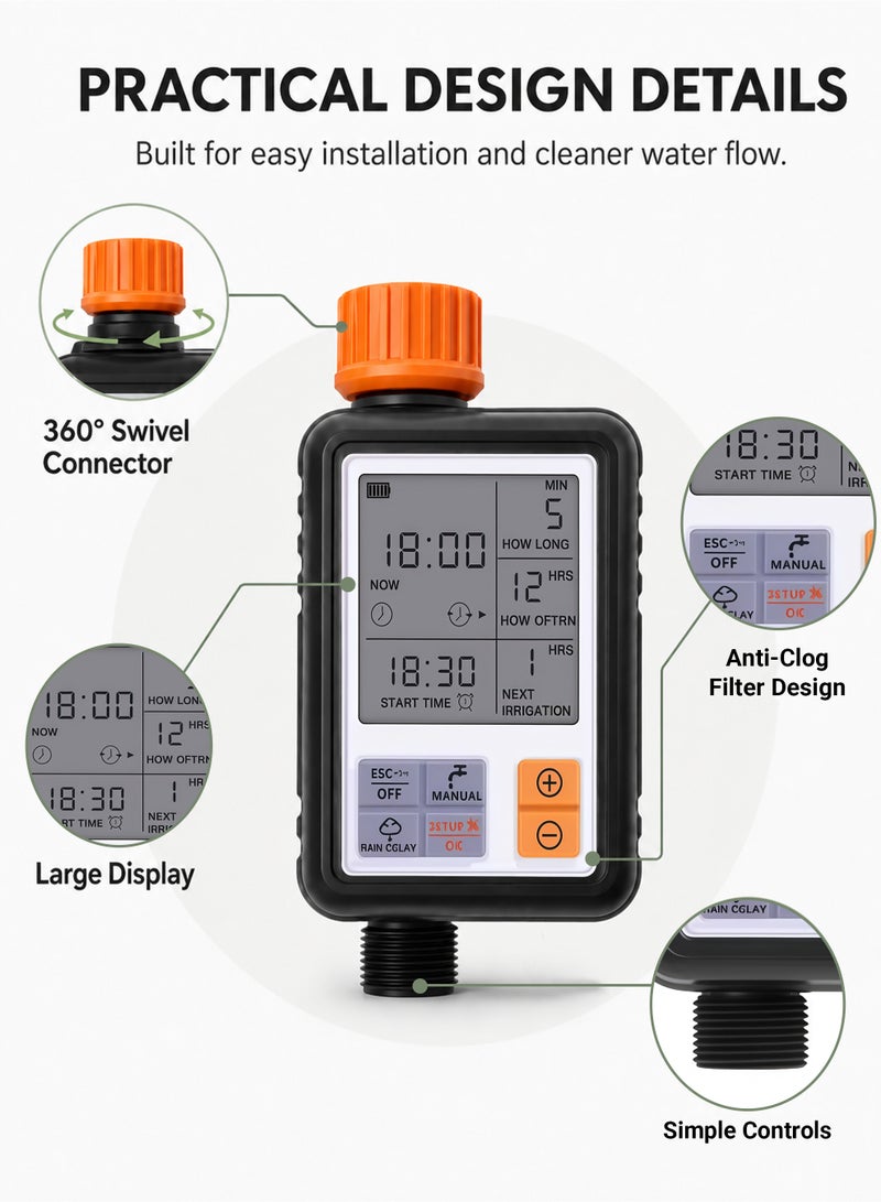 Large LCD Automatic Water Timer for Garden Irrigation System, Waterproof Digital Sprinkler Timer with Manual & Auto Watering Modes, Outdoor Hose Faucet Irrigation Controller for Lawn Yard Plants - Image 2