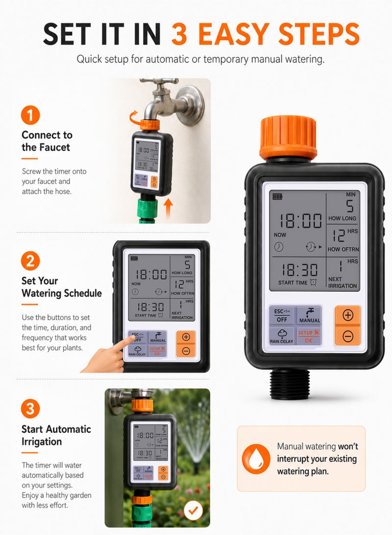 Large LCD Automatic Water Timer for Garden Irrigation System, Waterproof Digital Sprinkler Timer with Manual & Auto Watering Modes, Outdoor Hose Faucet Irrigation Controller for Lawn Yard Plants - Image 3
