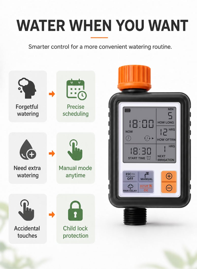 Large LCD Automatic Water Timer for Garden Irrigation System, Waterproof Digital Sprinkler Timer with Manual & Auto Watering Modes, Outdoor Hose Faucet Irrigation Controller for Lawn Yard Plants - Image 4