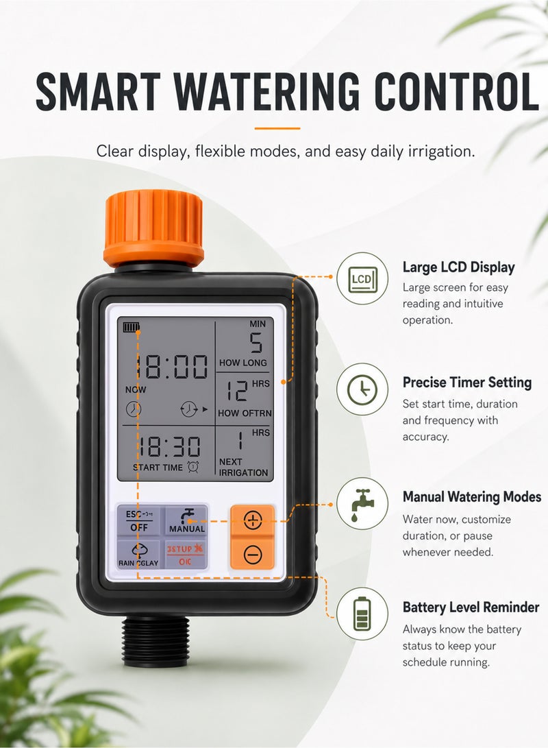 Large LCD Automatic Water Timer for Garden Irrigation System, Waterproof Digital Sprinkler Timer with Manual & Auto Watering Modes, Outdoor Hose Faucet Irrigation Controller for Lawn Yard Plants - Image 5