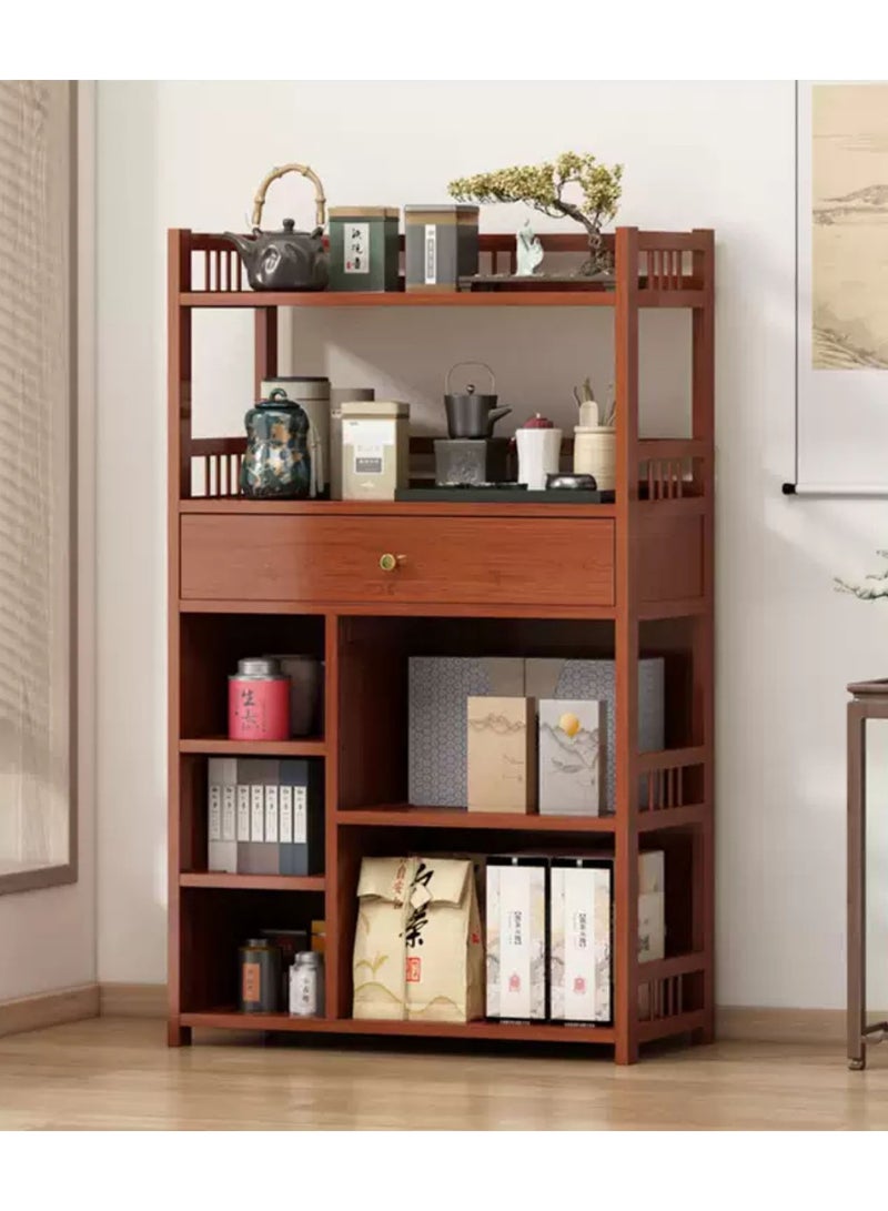 LINGWEI Bamboo 𝐁𝐨𝐨𝐤𝐬𝐡𝐞𝐥𝐟 with Multi Shelves and Storage Drawer Elegant Brown Finish 52x110x30cm - Image 1