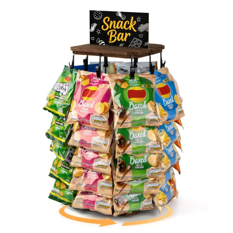 PUERSI Wooden Chip Rack Display Stand, 5 Tiers 40 Clips Rotating Snack Rack for Office Countertop, Snack Organizer Chip Storage Candy Display for Concession, Party, Retail, with Message Board - Brown - Image 1