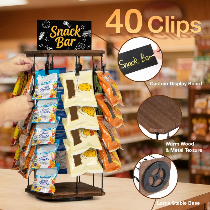 PUERSI Wooden Chip Rack Display Stand, 5 Tiers 40 Clips Rotating Snack Rack for Office Countertop, Snack Organizer Chip Storage Candy Display for Concession, Party, Retail, with Message Board - Brown - Image 3