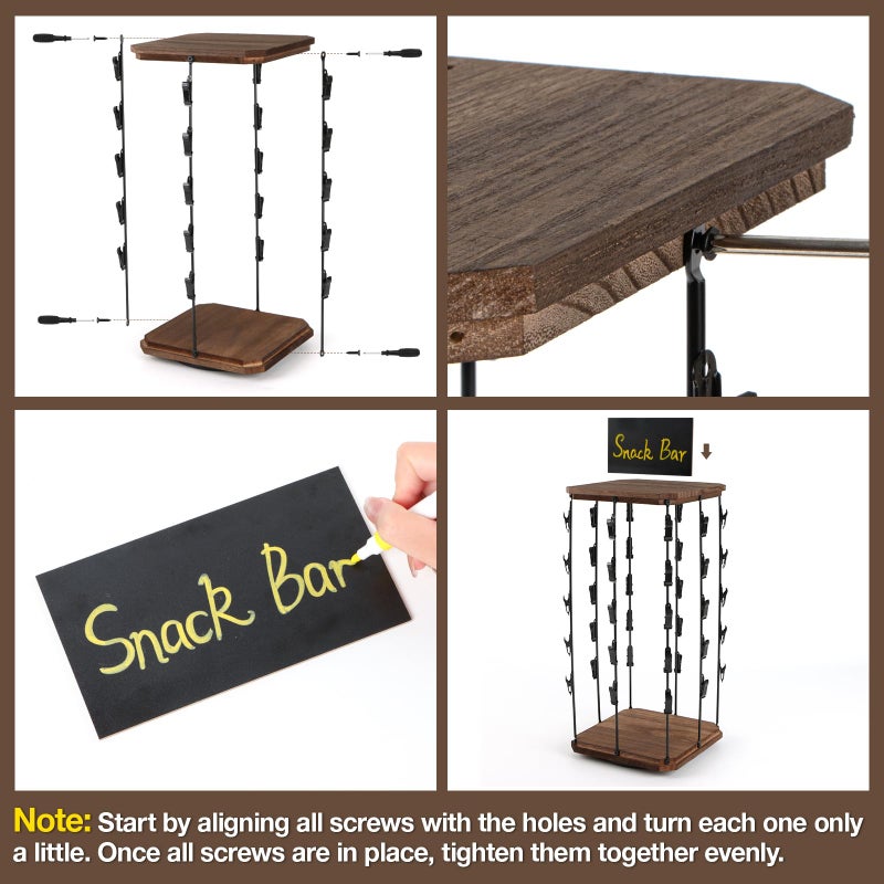 PUERSI Wooden Chip Rack Display Stand, 5 Tiers 40 Clips Rotating Snack Rack for Office Countertop, Snack Organizer Chip Storage Candy Display for Concession, Party, Retail, with Message Board - Brown - Image 5