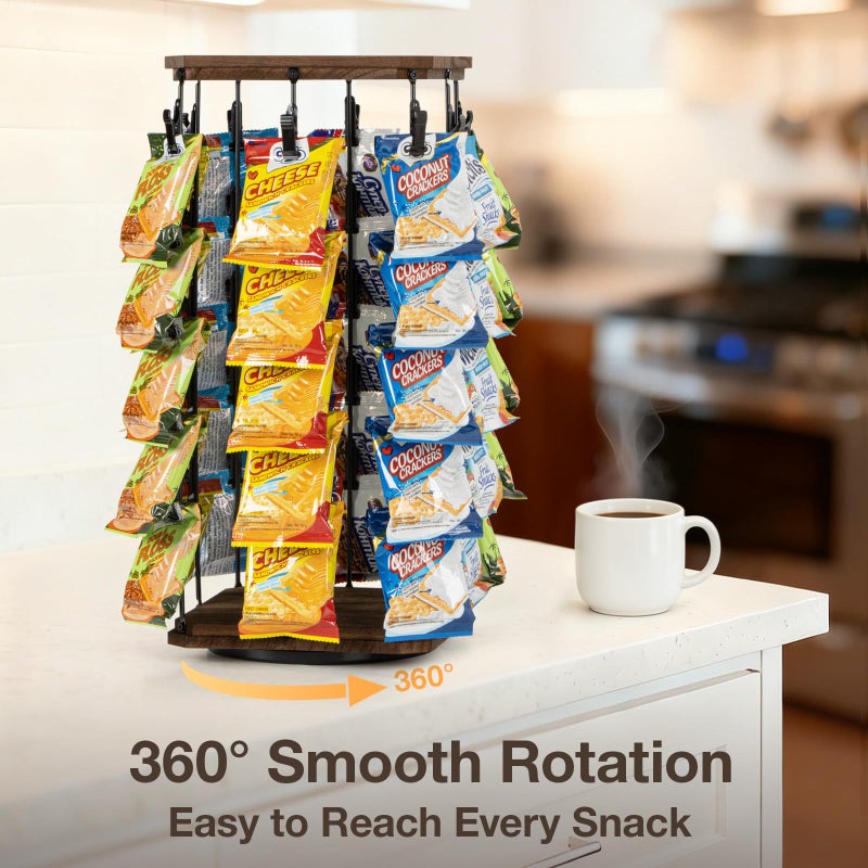 PUERSI Wooden Chip Rack Display Stand, 5 Tiers 40 Clips Rotating Snack Rack for Office Countertop, Snack Organizer Chip Storage Candy Display for Concession, Party, Retail, with Message Board - Brown - Image 2