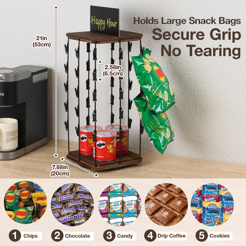 PUERSI Wooden Chip Rack Display Stand, 5 Tiers 40 Clips Rotating Snack Rack for Office Countertop, Snack Organizer Chip Storage Candy Display for Concession, Party, Retail, with Message Board - Brown - Image 4