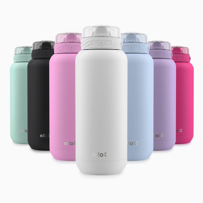 Ello Cooper 32oz Stainless Steel Water Bottle with Straw and Carry Handle Double Walled and Vacuum Insulated Metal Leak Proof Locking Lid with Soft Silicone Spout Reusable BPA Free White
