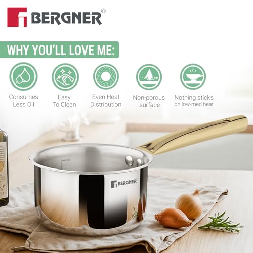Bergner TriPro Triply Stainless Steel Induction Bottom 7 Pcs Cookware Set with PVD Coated Golden Handles, Kadai 22cm/2L with Glass Lid, Frypan 22cm, Saucepan 14cm/1.2L, Turner, Ladle, Serving Spoon - Image 4