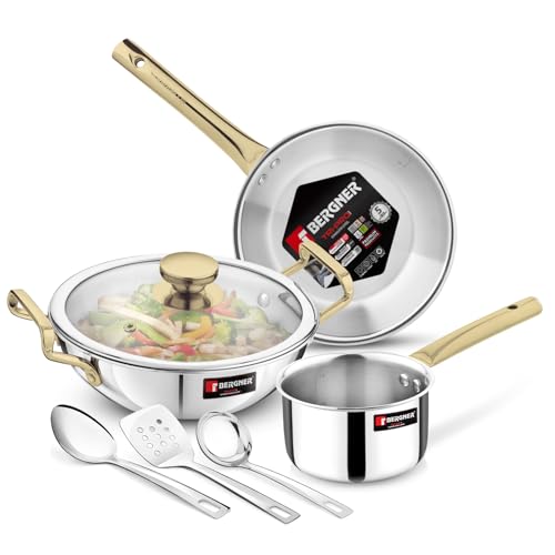 Bergner TriPro Triply Stainless Steel Induction Bottom 7 Pcs Cookware Set with PVD Coated Golden Handles, Kadai 22cm/2L with Glass Lid, Frypan 22cm, Saucepan 14cm/1.2L, Turner, Ladle, Serving Spoon - Image 1