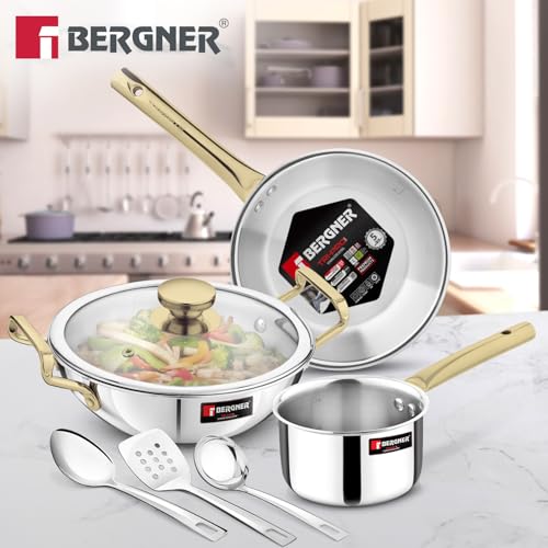 Bergner TriPro Triply Stainless Steel Induction Bottom 7 Pcs Cookware Set with PVD Coated Golden Handles, Kadai 22cm/2L with Glass Lid, Frypan 22cm, Saucepan 14cm/1.2L, Turner, Ladle, Serving Spoon - Image 2